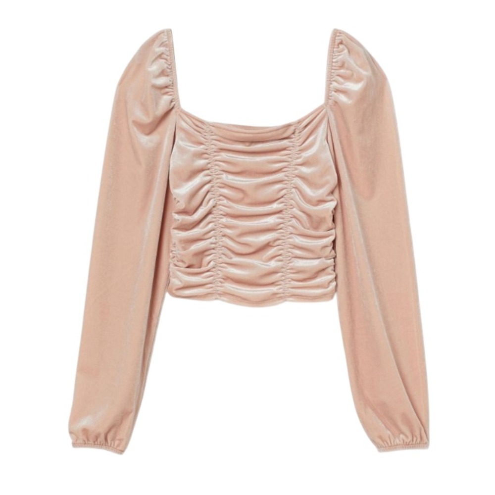H&M DIVIDED Blush Pink Velvet/Velour CROPPED TOP Ruched Renaissance Style SIZE S